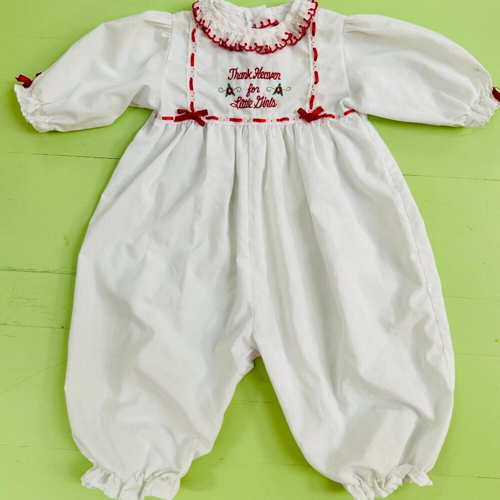 Vintage Baby Jumpsuit White and Red "Thank Heaven For Little Girls" Embroidery